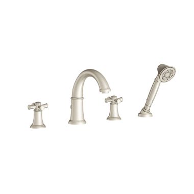 Click here to see American Standard T420921.295 American Standard Portsmouth Two-Handle Brushed Nickel Roman Tub Filler Trim with Personal Shower, ADA-Compliant, Cross Handles, Brass - T420921.295