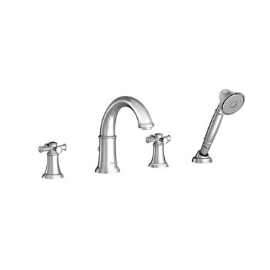 Click here to see American Standard T420921.002 American Standard Portsmouth Two-Handle Polished Chrome Roman Tub Filler Trim with Personal Shower, ADA-Compliant, Cross Handles, Brass - T420921.002