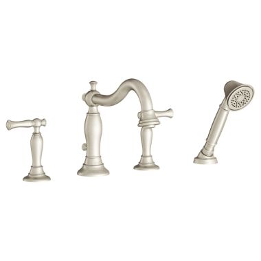 Click here to see American Standard T440901.002 American Standard Quentin Two-Handle Polished Chrome Roman Tub Faucet Trim with Spray for Flash Rough-in Valves, Metal Lever Handles, Brass - T440901.002