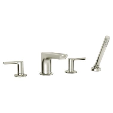 Click here to see American Standard T105901.295 American Standard Studio S Two-Handle Roman Tub Faucet Trim For Flash Rough-in Valves, With Spray, Metal Lever Handles, Brass, ADA, Brushed Nickel - T105901.295