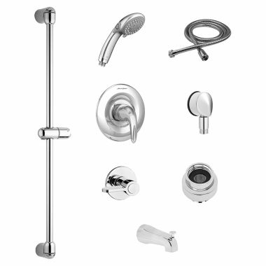 Click here to see American Standard TU662215.002 American Standard Commercial Shower System Trim Kit w/ 3-Function Hand Shower, Diverting Tub Spout, Polished Chrome - TU662215.002