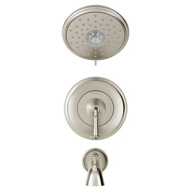 Click here to see American Standard TU052508.295 American Standard Delancey Tub and Shower Faucet Kit with 4-Function, Lever Handle, WaterSense, 1.8 GPM, Brushed Nickel - TU052508.295