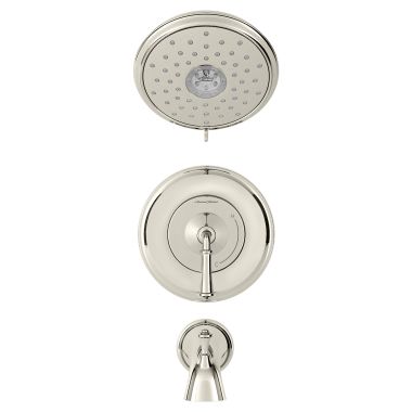 Click here to see American Standard TU052508.013 American Standard Delancey Tub and Shower Faucet Kit with 4-Function, Lever Handle, WaterSense, 1.8 GPM, Polished Nickel - TU052508.013