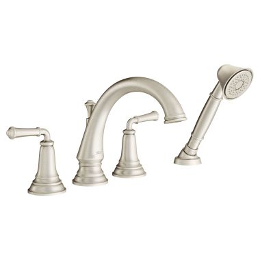 Click here to see American Standard T052901.295 American Standard Delancey Roman Tub Filler Trim With Hand Shower, 25 GPM/ 2 GPM, ADA, Brass, Two Handle, Brushed Nickel - T052901.295