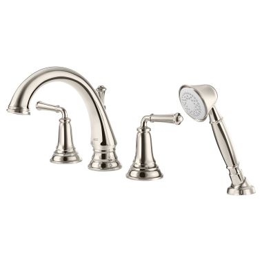 Click here to see American Standard T052901.013 American Standard Delancey Roman Tub Filler Trim With Hand Shower, 25 GPM/ 2 GPM, ADA, Brass, Two Handle, Polished Nickel - T052901.013