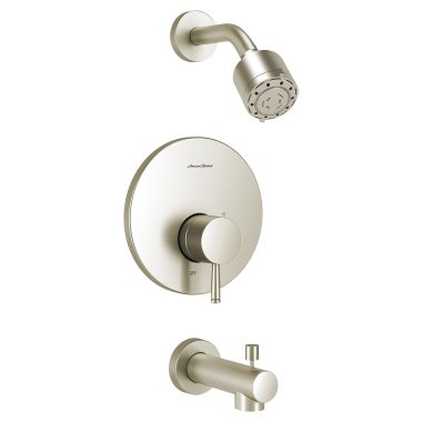Click here to see American Standard TU064502.295 American Standard Serin Brushed Nickel Pressure Balance Tub/Shower Trim Kit with 3 Function Shower Head, Lever Handle, 2.5 GPM -TU064502.295