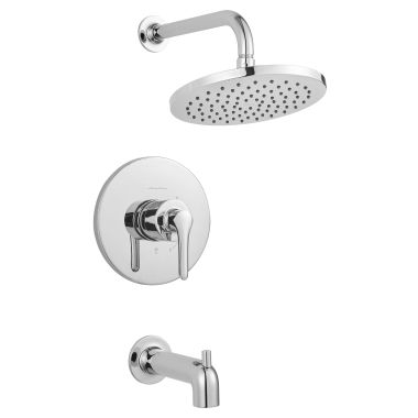 Click here to see American Standard TU105508.002 American Standard Studio S Tub and Shower Faucet with Rain Showerhead, Pressure Balance Cartridge, ADA, 1.75 GPM, Polished Chrome - TU105508.002