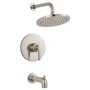 Click here to see American Standard TU105508.295 American Standard Studio S Tub and Shower Faucet with Rain Showerhead, Pressure Balance Cartridge, ADA, 1.75 GPM, Brushed Nickel - TU105508.295