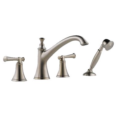 Click here to see Brizo T67405-BNLHP Brizo Baliza Two-Handle Roman Tub Faucet Trim with 1.75 GPM Hand Shower, 4-Hole, Low-Arc Spout, Less Handles, Brilliance Brushed Nickel - T67405-BNLHP