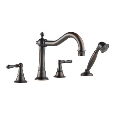 Click here to see Brizo T67436-RB Brizo Tresa Two-Handle Roman Tub Faucet Trim with Hand Shower, 1.75 GPM, Hook Spout, 4-Hole, Lever Handles, ADA, Venetian Bronze - T67436-RB