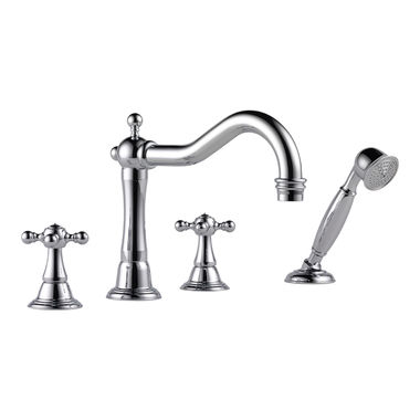 Click here to see Brizo T67438-PC Brizo Tresa Two-Handle Roman Tub Faucet Trim with Hand Shower, 1.75 GPM, Hook Spout, 4-Hole, Cross Handles, Polished Chrome - T67438-PC