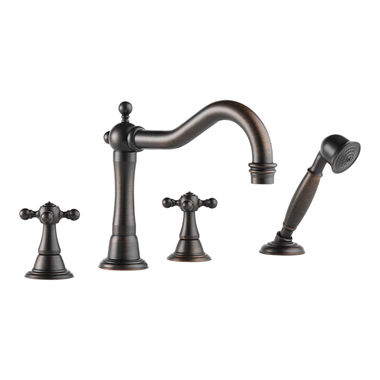 Click here to see Brizo T67438-RB Brizo Tresa Two-Handle Roman Tub Faucet Trim with Hand Shower, 1.75 GPM, Hook Spout, 4-Hole, Cross Handles, Venetian Bronze - T67438-RB