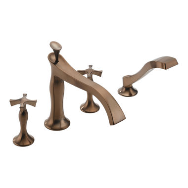 Click here to see Brizo T67490-BZLHP Brizo RSVP Two-Handle Roman Tub Faucet Trim with 1.75 GPM Hand Shower, 4-Hole, Slip-On Spout, Less Handles, Brilliance Brushed Bronze - T67490-BZLHP