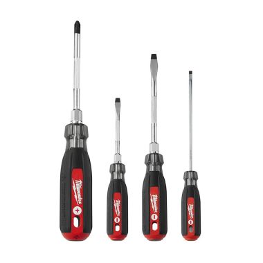 Click here to see Milwaukee 48-22-2884 Milwaukee 4-Piece Cushion Grip Screwdriver Kit with Wrench Ready Bolster, Precision Knurling, and Lanyard Hole - 48-22-2884 