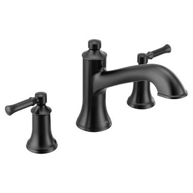 Click here to see Moen T683BL Moen Dartmoor Two-Handle Roman Tub Faucet Trim, High Arc Spout, Lever Handles, ADA-Compliant, M-PACT, Matte Black - T683BL