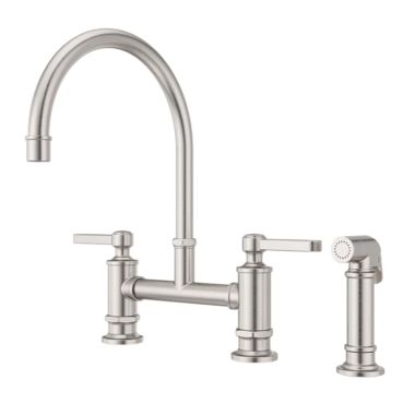 Click here to see Pfister LG31-TDS Pfister Port Haven Two-Handle Bridge Kitchen Faucet with Side Spray, 1.8 GPM, High-Arc Spout, Pfast Connect, Pforever Seal, Stainless - LG31-TDS