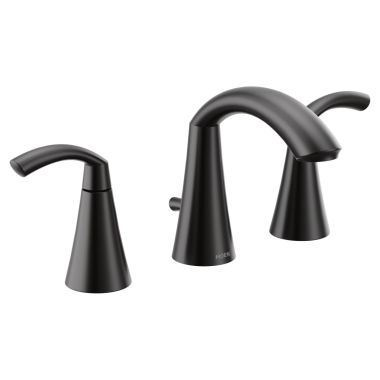 Click here to see Moen T6173BL Moen Glyde Two-Handle High Arc Widespread Matte Black Bathroom Faucet, 1.2 GPM, 60 PSI, WaterSense, Lever Handles, Three-Holes - T6173BL