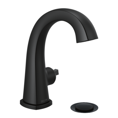Click here to see Delta 577-BLMPU-LHP-DST Delta Stryke High-Arc Matte Black Lavatory Faucet with Escutcheon, Metal Pop-Up, 1.2 GPM, Less Handle, DIAMOND Seal - 577-BLMPU-LHP-DST