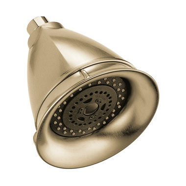 Click here to see Brizo RP42431GL Brizo Essential 5in Wall-Mount Shower Head, Multi-Function, H2Okinetic, Classic, Round, 1.75 GPM, Touch-Clean, WaterSense, Luxe Gold - RP42431GL