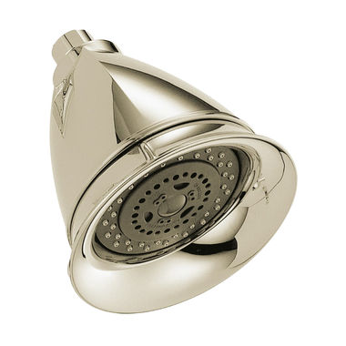 Click here to see Brizo RP42431PN Brizo Essential 5in Wall-Mount Shower Head, Multi-Function, H2Okinetic, Classic, Round, 1.75 GPM, Touch-Clean, WaterSense, Polished Nickel - RP42431PN