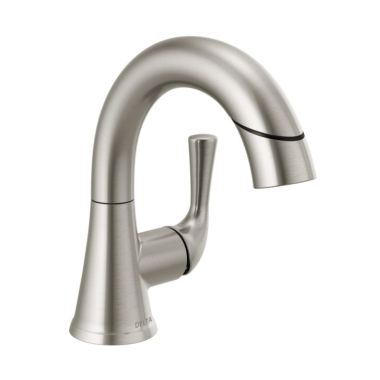 Click here to see Delta 533LF-SSPDMPU Delta Kayra Single-Handle Pull-Down Bathroom Faucet, Deck Mount, 1.2 GPM, Stainless - 533LF-SSPDMPU