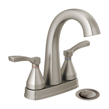 Click here to see Delta 25775-SSMPU-DST Delta Stryke High-Arc Centerset Lavatory Faucet With Metal Pop-Up, DIAMOND Seal, Two Lever Handles, 1.2 GPM, Stainless - 25775-SSMPU-DST