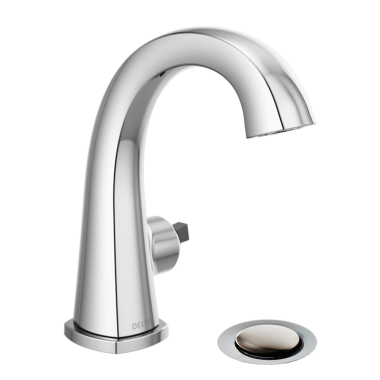 Click here to see Delta 577-MPU-LHP-DST Delta Stryke High-Arc Chrome Lavatory Faucet with Escutcheon, Metal Pop-Up, 1.2 GPM, Less Handle, DIAMOND Seal - 577-MPU-LHP-DST