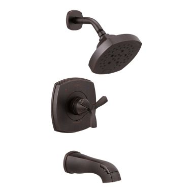 Click here to see Delta T144766-RB Delta Stryke Monitor 14 Series H2Okinetic Tub/Shower Faucet with Rain Showerhead, Single-Handle, 1.75 GPM, Helo Handle, Venetian Bronze - T144766-RB