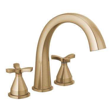 Click here to see Delta T27776-CZ Delta Stryke Two-Handle Roman Tub Faucet Trim, High Arc Spout, Cross Handles, Champagne Bronze - T27776-CZ