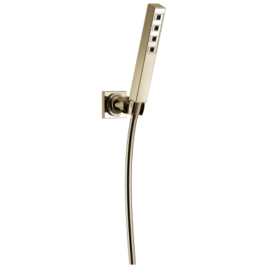 Click here to see Delta 55567-PN Delta Ara Single-Function Hand Shower with Square Wall Bracket, 1.75 GPM, Adjustable Wall-Mount, H2Okinetic Technology, Polished Nickel - 55567-PN