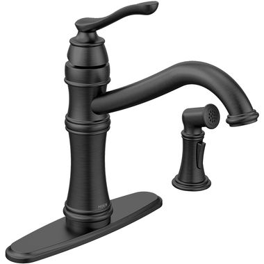 Click here to see Moen 7245BL Moen Belfield Single Handle High Arc Kitchen Faucet w/ Side Spray, Matte Black - 7245BL