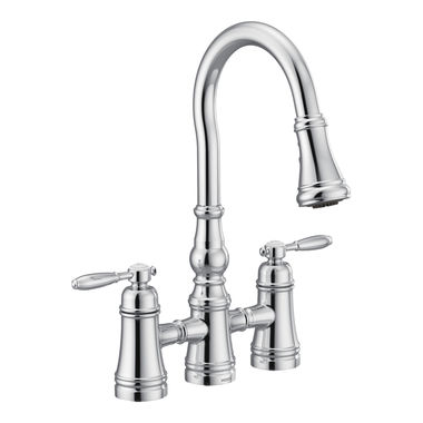 Click here to see Moen S73204 Moen Weymouth Two-Handle Pull-Down High Arc Bridge Kitchen Faucet, Chrome - S72304