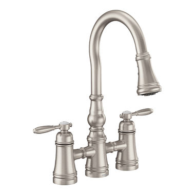Click here to see Moen S72304SRS Moen Weymouth Two-Handle Pulldown Bridge Kitchen Faucet, Spot Resist Stainless - S72304SRS