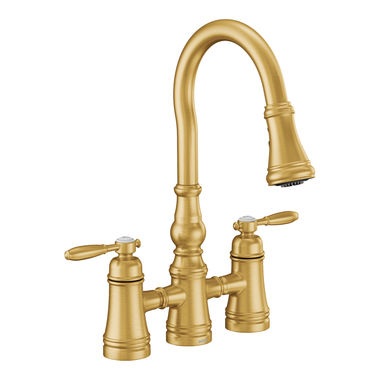 Click here to see Moen S72304BG Moen Weymouth Two-Handle Pulldown Bridge Kitchen Faucet, Brushed Gold - S72304BG