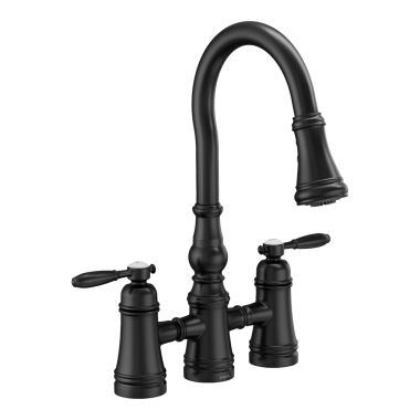 Click here to see Moen S72304BL Moen S72304BL Weymouth Two-Handle Pulldown Bridge Faucet - Matte Black