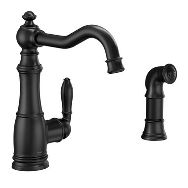 Click here to see Moen S72101BL Moen Weymouth Single Handle High Arc Kitchen Faucet w/ Side Spray, Matte Black - S72101BL
