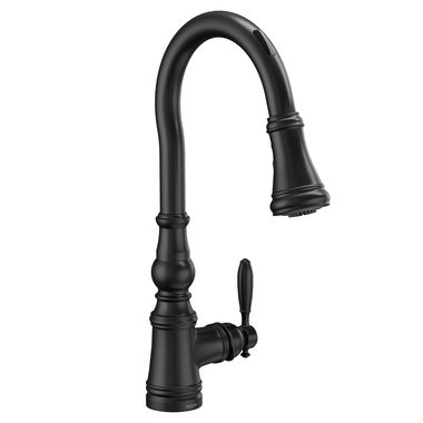 Click here to see Moen S73004EVBL Moen Weymouth Smart Single Handle High Arc Pull-Down Kitchen Faucet, Matte Black - S73004EVBL