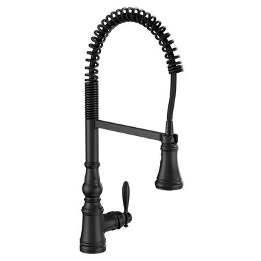 Click here to see Moen S73104BL Moen Weymouth Single Handle Semi-Pro Spring Kitchen Faucet, Matte Black - S73104BL 
