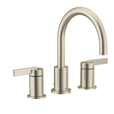 Click here to see Moen T6222BN Moen Cia Two-Handle Brushed Nickel Widespread Lavatory Faucet Trim with Metal Pop-Up, M-PACT, Duralock, 1.2 GPM, ADA Lever Handles, Three-Hole - T6222BN