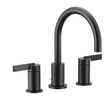 Click here to see Moen T6222BL Moen Cia Two-Handle Matte Black Widespread Lavatory Faucet Trim with Metal Pop-Up, M-PACT, Duralock, 1.2 GPM, ADA Lever Handles, Three-Hole - T6222BL
