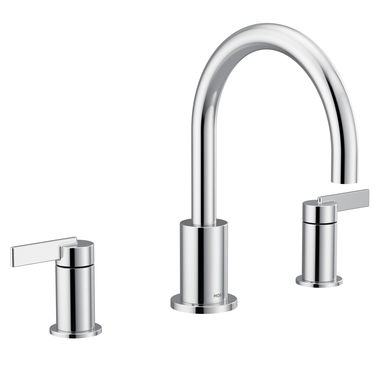 Click here to see Moen T6223 Moen Cia Two-Handle Non-Diverter Roman Tub Faucet, 8in High Arc Spout, Widespread, Polished Chrome - T6223