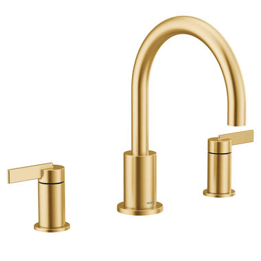 Click here to see Moen T6223BG Moen Cia Two-Handle Non-Diverter Roman Tub Faucet, 8in High Arc Spout, Widespread, Brushed Gold - T6223BG