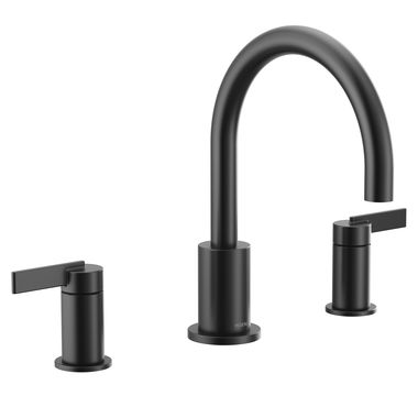 Click here to see Moen T6223BL Moen Cia Two-Handle Non-Diverter Roman Tub Faucet, 8in High Arc Spout, Widespread, Lever Handles, Matte Black - T6223BL