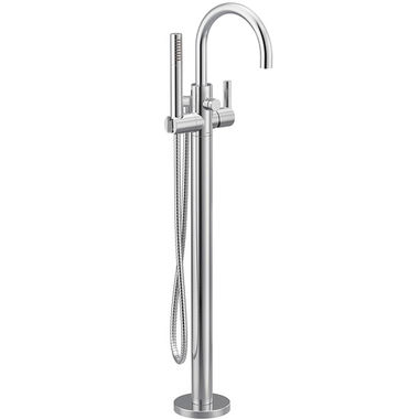 Click here to see Moen 615 Moen Cia 6 GPM Single-Handle Freestanding Tub Filler with 1.75 GPM Single-Function Hand Shower, Lever Handle, Dual Check Valves, Polished Chrome - 615