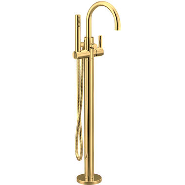 Click here to see Moen 615BG Moen Cia 6 GPM Single-Handle Freestanding Tub Filler with 1.75 GPM Single-Function Hand Shower, Lever Handle, Dual Check Valves, Brushed Gold - 615BG