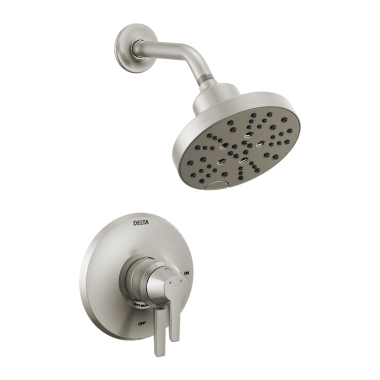 Click here to see Delta T17272-SS-PR Delta Galeon Monitor 17 Series Two-Handle H2Okinetic Shower Faucet with Volume Control, 5-Setting, 1.75 GPM, Lever Handles, Lumicoat, Stainless - T17272-SS-PR