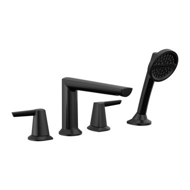 Click here to see Delta T4771-BL Delta Galeon Two-Handle Roman Tub Faucet Trim with 1.75 GPM Three-Setting Hand Shower, H2Okinetic, Lever Handles, Matte Black - T4771-BL