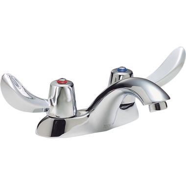Click here to see Delta 21C122-TI Delta 21C122-TI Tech 2-Handle Cast Centerset Lavatory Faucet, Hooded Blade, No Pop-Up Hole, VR Laminar Outlet, Temp Indicators, Chrome