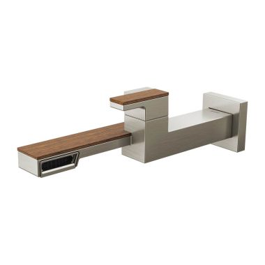Click here to see Brizo T65722LF-NKTK Brizo Frank Lloyd Wright One-Handle Wall-Mount Luxe Nickel/Wood Bathroom Faucet with Side Spout Laminar Flow, 1.2 GPM, Single-Hole - T65722LF-NKTK