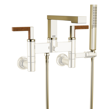 Click here to see Brizo T70322-PNTK Brizo Frank Lloyd Wright Two-Handle Multi-Mount Tub Faucet Trim with Hand Shower, 2-Hole, 1.75 GPM, Lever Handles, ADA, Polished Nickel/Teak - T70322-PNTK